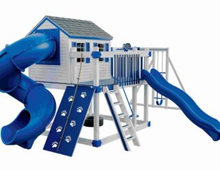 blue and white swing set with a spiral slide and a climbing wall.