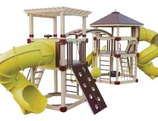 Explorer swing set with two yellow slides and a climbing wall.