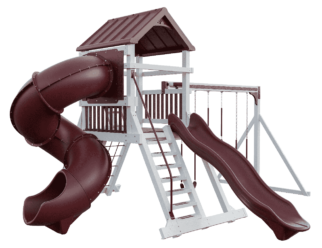 Climber Turbo Deluxe swing set with a white frame and red accents. Includes two red slides, a ladder, a covered roof, and swings.
