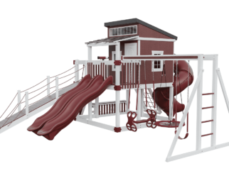 Playhouse swing set with three slides, a small playhouse, and a ramp.