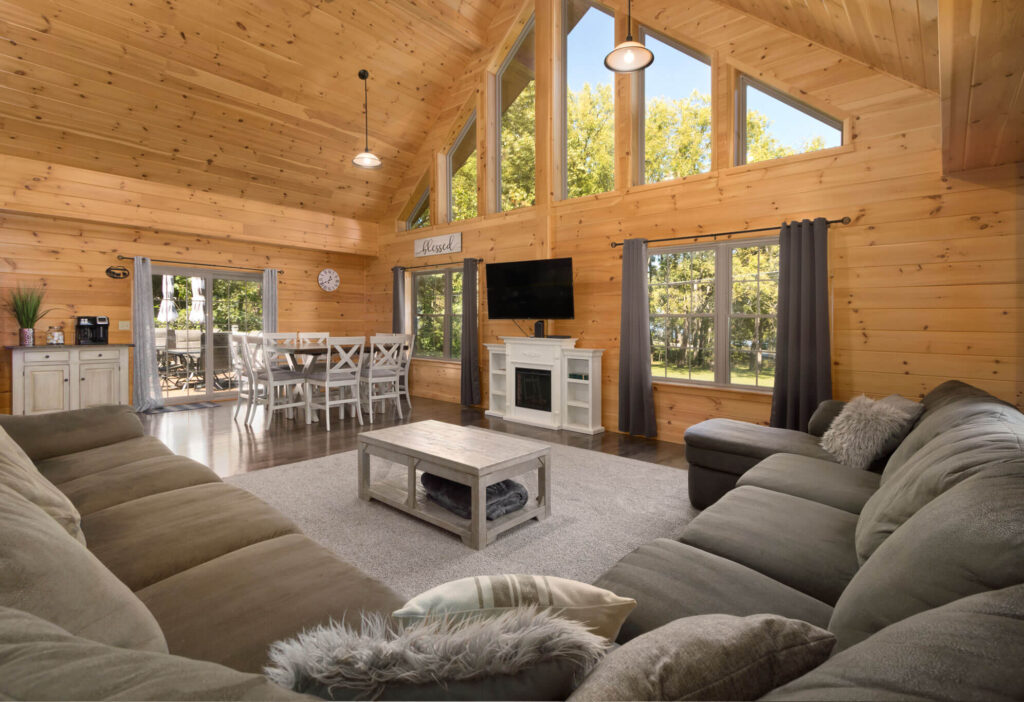 living room view of a modular log cabin