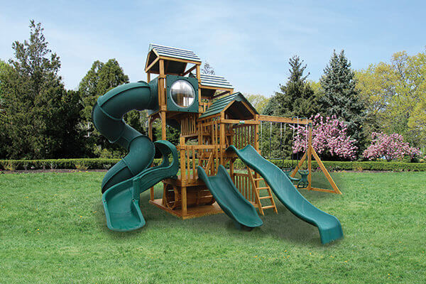 Wooden swing set with green slide built in Shrewsbury, PA 