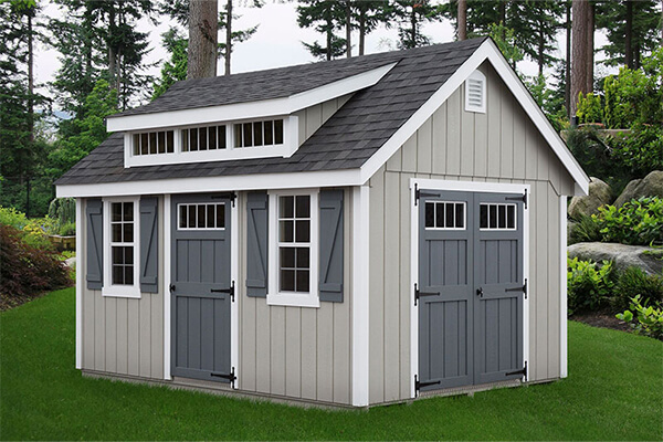 Gray wood storage shed built in Central Pennsylvania 